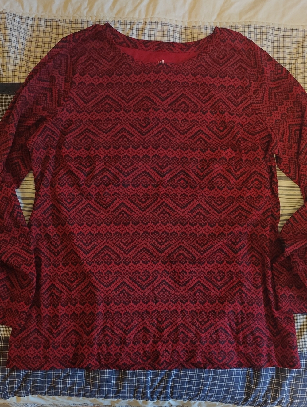 J Jill Women’s Red Patterned Long-Sleeve Crew Neck Pullover Top